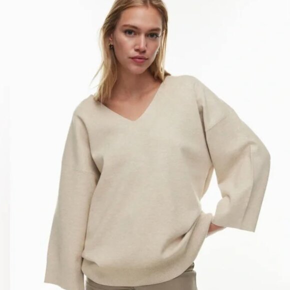 Aritzia Wilfred Free Beige Cream Souvenir Oversized V-Neck Sweater Ribbed Small - Picture 12 of 12
